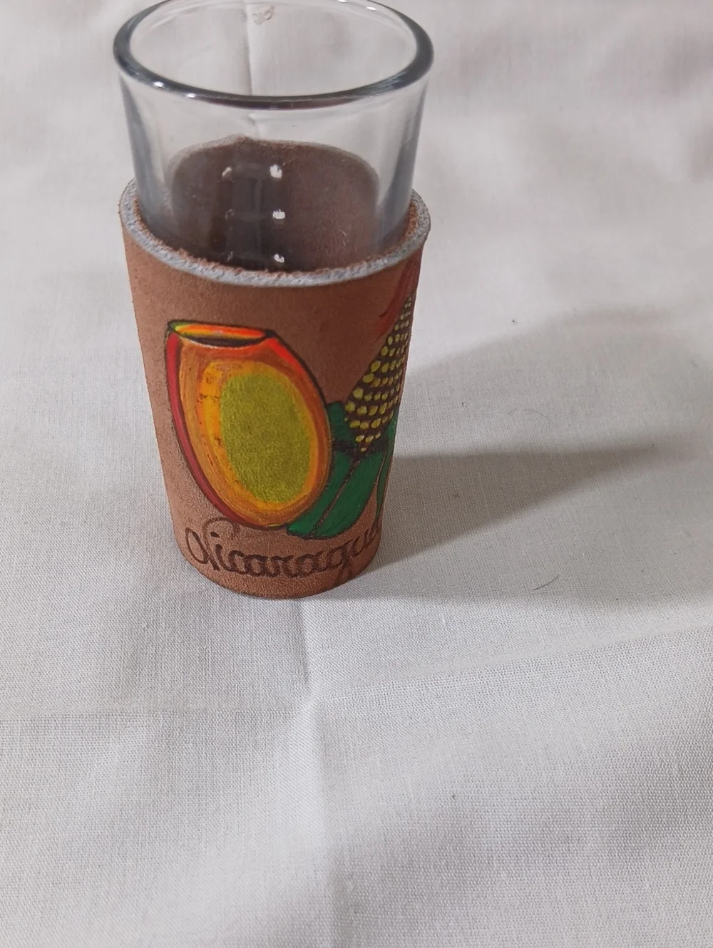 Nicaragua Leather-Wrapped Shot Glass – Brown with Yellow Accent